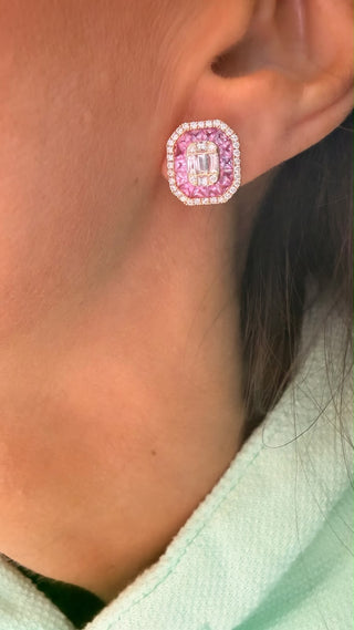 Pink Sapphire & Baguette Diamond Halo Earrings